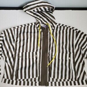 Cisono Women Olive White Striped Hooded Windbreaker Jacket Cropped NYJK202 L